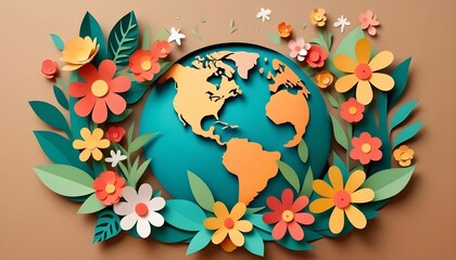 Wall Mural - paper cut and craft style Earth Illustration with flowers created with generative ai.