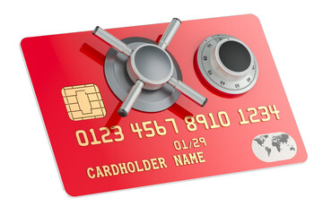 Poster - credit bank card with safe combination lock, security payment concept. 3d rendering isolated on tran