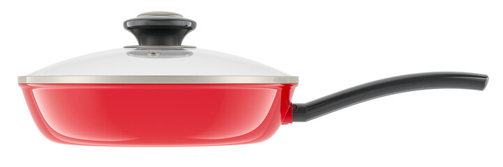 Poster - Red frypan with glass lid, side view. 3D rendering isolated on transparent background