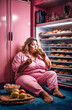 Plus-size woman in pink pajamas eats at night by an open refrigerator. Night hunger, junk food. Gluttony and overeating.