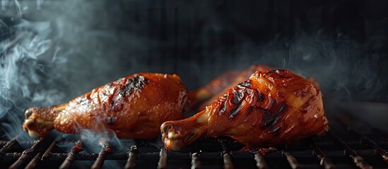 Wall Mural - A close-up view of a chicken leg sizzling on a grill, with grill marks visible on the skin. The chicken is being cooked to perfection, gaining a delicious smoky flavor.