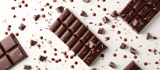 Wall Mural - A close-up view of a single bar of chocolate on a white background. The chocolate bar features a smooth, glossy surface, with visible details of the cocoa content and any additional ingredients.