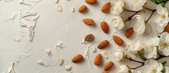 A collection of almonds and delicate almond blossoms arranged on a clean white backdrop. The almonds are whole and shelled, while the blossoms showcase their soft petals and fresh fragrance.