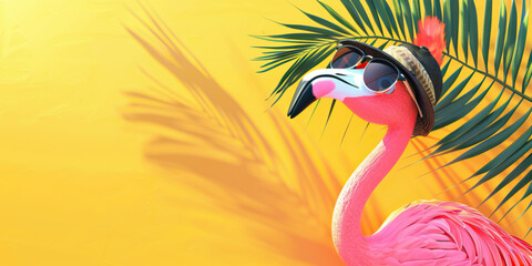 Wall Mural - Pink flamingo with sunglasses and hat under palm leaf on yellow summer background