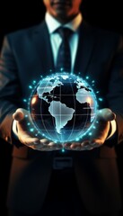 Poster - Innovative businessman holding 3d world globe hologram technology screen background