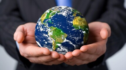 Poster - Businessman presenting 3d world globe hologram on technology screen for global business concept.