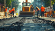 Teamwork in Road Construction: Tarmac Laying and Surface Repair of Asphalt Road after a Heavy Winter and Use