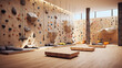 A gym interior inspired by nature, with rock climbing walls and wooden equipment.
