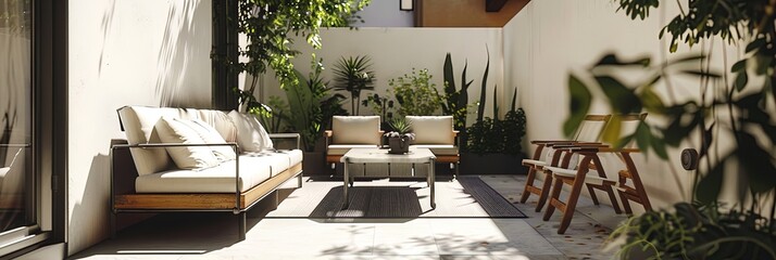 Wall Mural - Modern backyard outdoors with patio furniture seating on stone deck