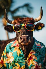 Bull (male cow) wearing sunglasses and Hawaiian shirt in the summer sun