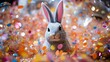 Cute gray bunny rabbit sits in a pile of colorful confetti. The perfect image for Easter, spring, or any other festive occasion.