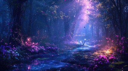 An enchanted forest at night, with glowing flowers, a sparkling river, and mystical creatures lurking in the shadows. Resplendent.