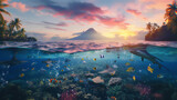 Fototapeta  - half underwater scene in the reef with stingray, colorful fishes and coral, volcano mountain above the sea at sunrise