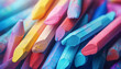 Chalk or wax crayons close-up. Colorful crayons for children or artists. Colored pencils piled up. Artistic creativity and problem-solving skills. Diversity in working life and in society.