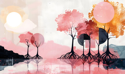 flat 2d geometric illustration features a variety of mangrove trees with large roots, in the style of bold graphic shapes