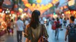 China food market street in Beijing. Chinese tourist walking in city streets on Asia vacation tourism. Asian woman travel lifestyle panoramica banner