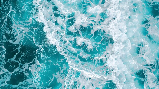 aerial view of turquoise ocean water with splashes and foam for abstract natural background and text