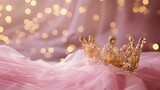 Princess birthday party: golden bedazzled princess crown on a pink tulle fabric with golden bokeh background