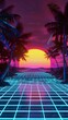 Synthwave style wallpaper background with blue neon, small palms and sunset, grid floor, high quality, 4k