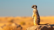 A Vigilant Meerkat Standing Upright On A Rock Against A Desert Backdrop