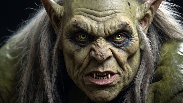 Portrait of a fairytale evil troll with green skin