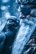Norse god Odin with a raven, mythology
