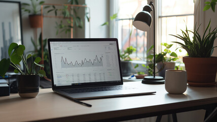 An open laptop showing financial graphs and charts on a home office desk