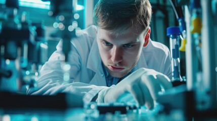 Poster - An engineer is conducting experiments in a science lab, wearing a lab coat. AIG41