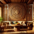 Interior in Mexican style, Mayan calendar hanging on the wall