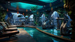 A gym interior with an underwater theme, with oceanic colors and aquatic artwork.