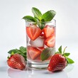 strawberry freshly squeezed juice in a glass cup with ice. The drink is isolated on a white background.
