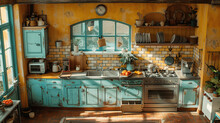Vintage Style Kitchen Interior With Blue Cabinets And Yellow Walls