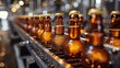 Banner Beer brewery conveyor. Brown glass alcohol bottles move on production line, modern equipment industrial drink with copy space