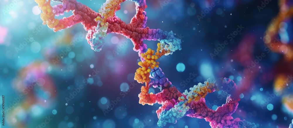 This close-up view shows a detailed and colorful model of a human cell ...
