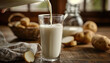 Lifestyle photo of potato milk, vegan potato milk in a glass and potatoes on a brown kitchen background, plant based milk, vegan food