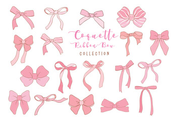 coquette pink ribbon bow doodle drawing, retro vintage bow collection.