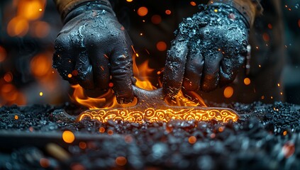 Wall Mural - Craftsmanship is born from fire and skill in the blacksmith's realm, where a mesmerizing dance of strength and precision turns raw steel into art