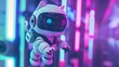 © growth.ai - a white robot cat with a black visor, hovering with an anti-gravity backpack with a color scheme of purple, pink, and blue.