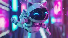 A White Robot Cat With A Black Visor, Hovering With An Anti-gravity Backpack With A Color Scheme Of Purple, Pink, And Blue.