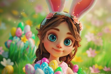 Wall Mural - Easter character: a little girl with big eyes and Easter bunny ears holds colorful painted Easter eggs in her hands on a blurred background with flowers. Happy Easter concept