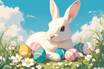 Wall Mural - The Easter bunny lies surrounded by colorful painted Easter eggs among flowers on a green lawn, against the backdrop of clouds and a blue sky