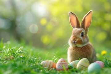 Wall Mural - The Easter bunny sits among painted Easter eggs on green grass against a blurred spring background with bokeh and space for text. Happy Easter concept