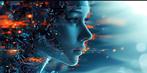 Abstract woman Artificial intelligence. Technology web background. Virtual concept