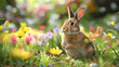 Easter bunny on a beautiful green meadow with colorful spring flowers