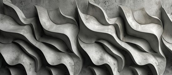 Poster - An architectural 3D background featuring a concrete wall with a series of wavy shapes protruding from its surface. The wall creates a dynamic and textured visual effect, adding depth to the space.