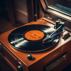 Canvas Print - A vintage record player with a spinning vinyl record