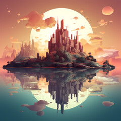 Sticker - Abstract city skyline with floating islands.