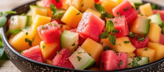 A bowl filled with freshly prepared watermelon and cucumber salad, showcasing a creative presentation of sliced square pieces of melon and cucumber, ready to be enjoyed.