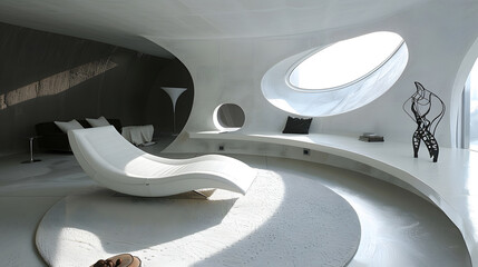 Poster - Interior of a modern office building with a lot of white furniture. Futuristic design style.