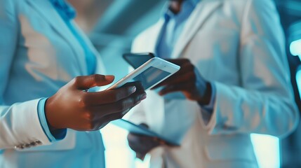 two healthcare professionals exchange information using a smartphone. medical communication in a cli